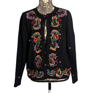 Vintage JACK B. QUICK Embellished Black Cardigan Sweater Size M Paisley Sequin